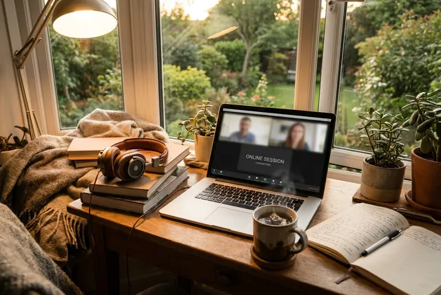 Person on a video call receiving online aftercare support after rehab