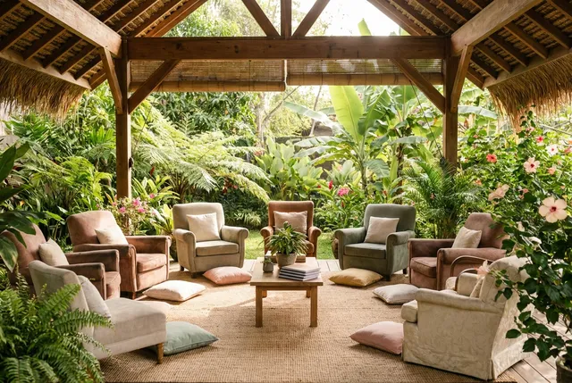 Small group therapy circle in an open-air pavilion surrounded by tropical garden