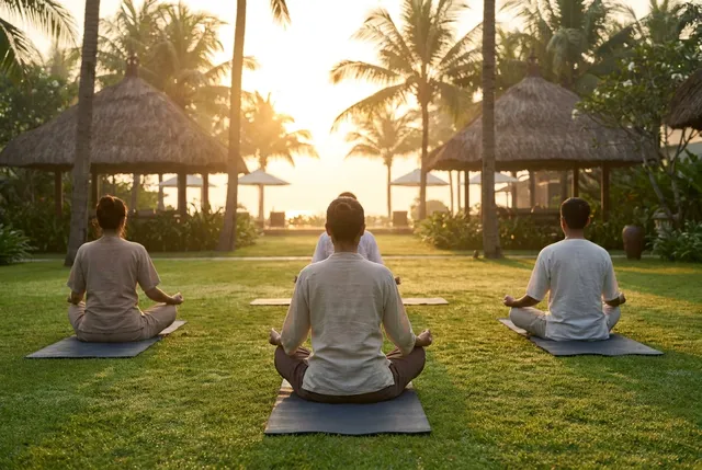 Morning yoga session on a garden deck at a recovery centre in Bali
