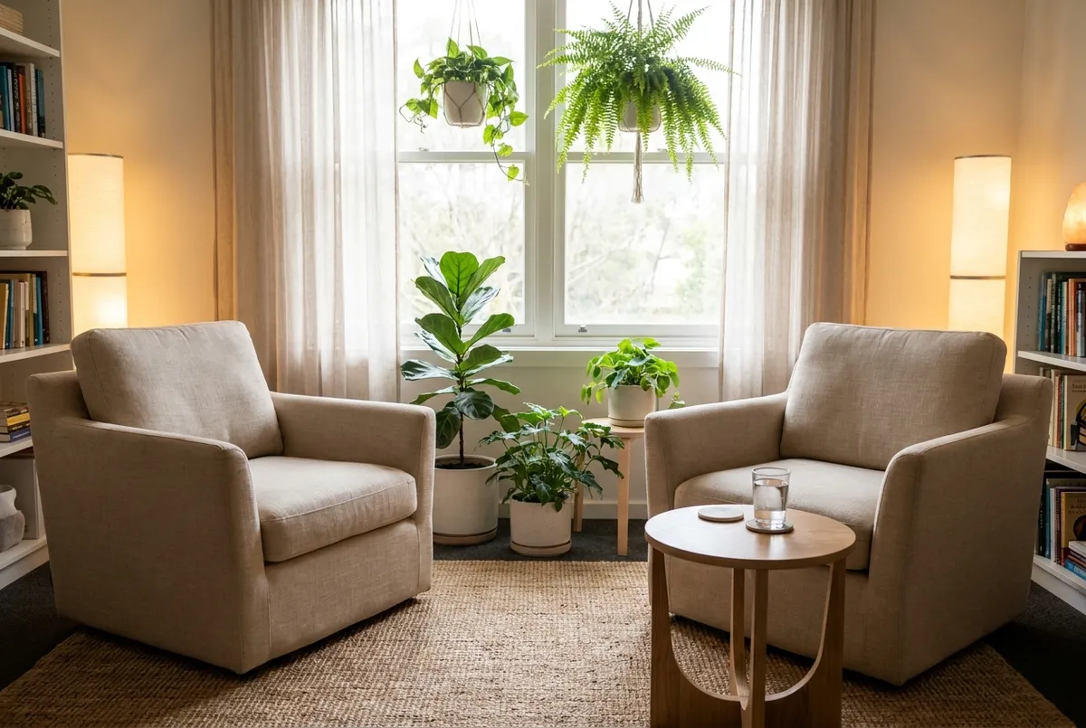 One-to-one therapy session in a calm light-filled counselling room in Bali
