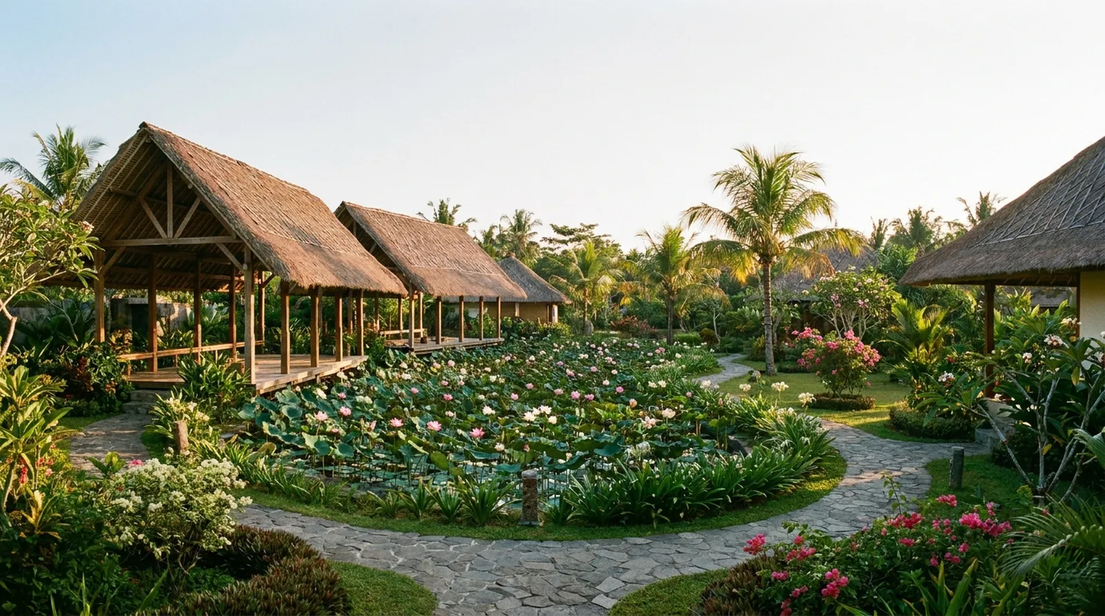 Tropical garden and pool at a private addiction recovery retreat in Bali
