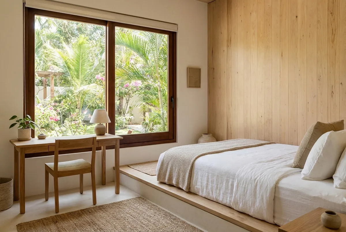 Calm private room with garden view at a residential rehab centre in Bali